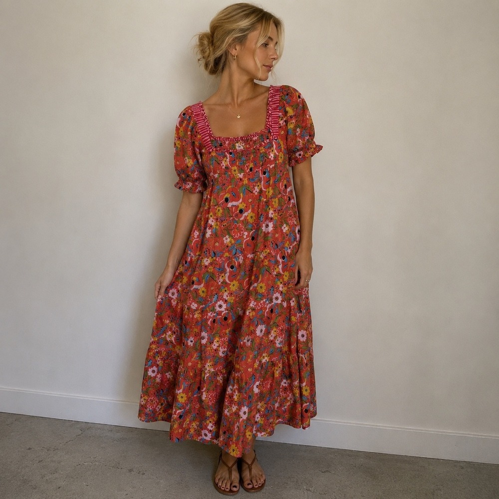 Printfresh Muse Floral Midi Dress Peach Cobbler Smocked Puff Sleeve XS Cottage